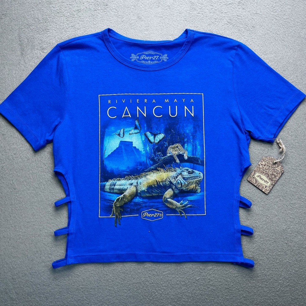 NWT Pier 27 Cancun Riviera Maya Iguana Graphic T Shirt Cutout Sides Blue M